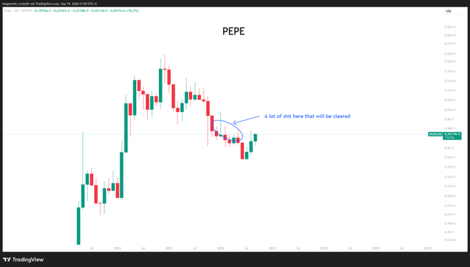 A TradingView chart of PEPE/USD shows the meme coin's price action with an annotation pointing to a recent consolidation zone labeled "A lot of shit here that will be cleared," suggesting the author expects this price range to be swept or erased in a future move.