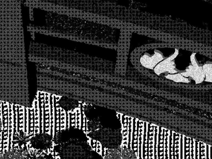 A high-contrast black and white grainy image showing what appears to be an abstract composition with striped patterns, shadowy figures, and cloud-like shapes.