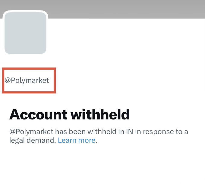 A screenshot of the X account “@Polymarket” showing the message “Account withheld” and “@Polymarket has been withheld in IN in response to a legal demand.” It illustrates the accompanying post’s claim that there will be no Polymarket airdrop for Indian users following the account restriction.