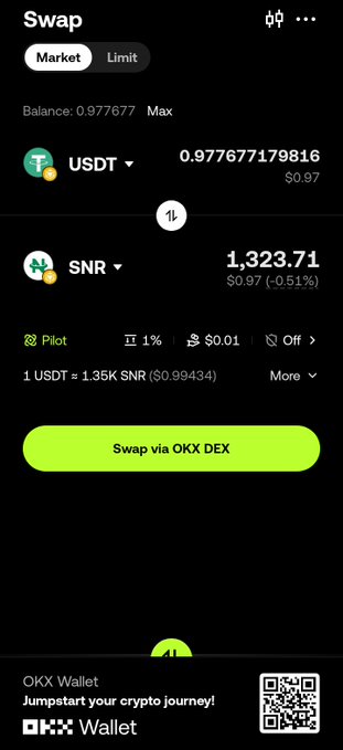 The image shows a cell phone screen displaying an app called "Swapped" with a message that reads, "Swapped my lil USDT to SNR - sent it to my Peniremit wallet.. this weekend don soft for me I'M gonna touch some grass." The text in the image is related to the post about swapping cryptocurrency.