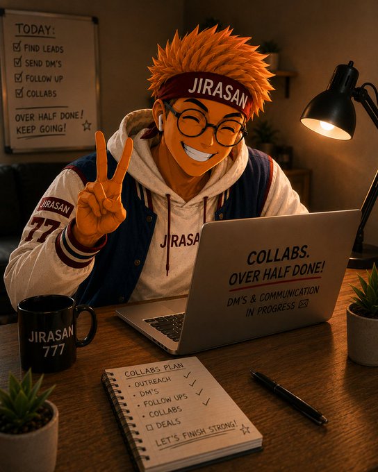 An illustrated character with orange spiky hair, glasses, and a 'JIRASAN' headband making a peace sign at a laptop displaying 'COLLABS. OVER HALF DONE!' with a checklist whiteboard and mug in a warm-lit workspace.