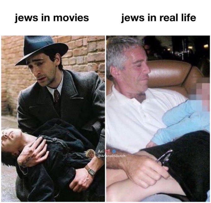 The meme contrasts "jews in movies" (showing a scene from a film with a man in a hat and period clothing holding someone) with "jews in real life" (showing an older man, recognizable as Jeffrey Epstein, on a private jet). The post appears to be a Solana contract address, likely used to promote or reference a meme coin tied to this controversial image.