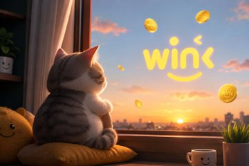 An AI-generated image shows a gray kitten sitting on a yellow pillow by a window at sunset, looking at floating coins and the word 'win' written in glowing yellow letters in the sky.