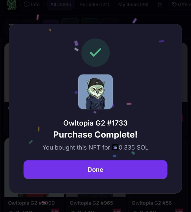 A mobile app screen shows a successful NFT purchase confirmation for 'Owltopia G2 #1733' featuring an owl character in a coat, bought for 0.335 SOL with a 'Done' button.