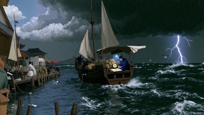 A stormy seascape depicting a sailing vessel departing a harbor dock while lightning strikes the turbulent sea, with figures on the ship appearing to navigate through the harsh weather. The dramatic scene of "mild suffering" at sea visually mirrors the tableau's slight price decline, blending nautical peril with the digital art's somber mood.