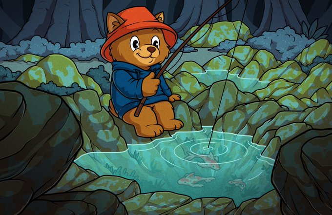 A cartoon illustration of Paddington Bear wearing his iconic red hat and blue duffle coat, fishing with a rod in a small glowing pool surrounded by rocky terrain.