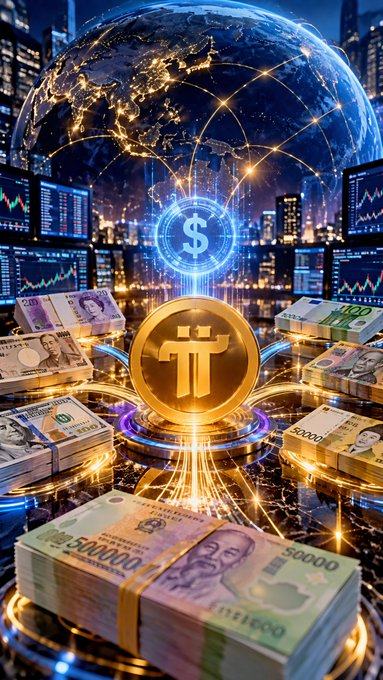 A digital artwork depicts a glowing golden Pi cryptocurrency coin at the center, surrounded by stacks of various international banknotes, with a globe and financial charts in the background.