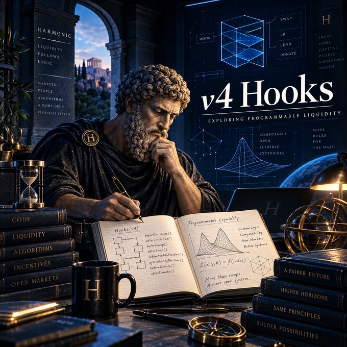 A digital artwork titled 'v4 Hooks - Exploring Programmable Liquidity' shows a Greek philosopher-like figure writing in a notebook about Hooks (v4) and Programmable Liquidity, surrounded by books labeled 'CODE', 'LIQUIDITY', 'ALGORITHMS', 'INCENTIVES', and 'OPEN MARKETS'.