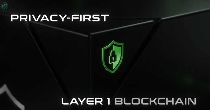 A dark graphic featuring a green shield with a padlock icon, with the text 'PRIVACY-FIRST' at the top and 'LAYER 1 BLOCKCHAIN' at the bottom.