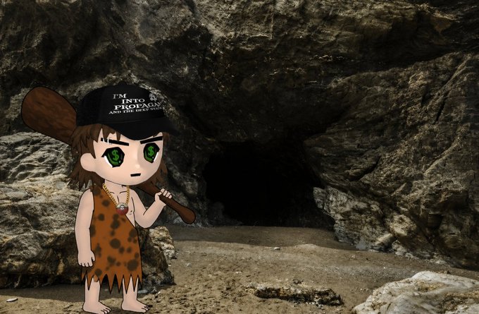 A chibi-style cartoon character wearing a black cap reading 'I'M INTO ESPIONAGE AND THE BEST SEX' and a leopard-print tunic, holding a wooden club in front of a cave entrance.