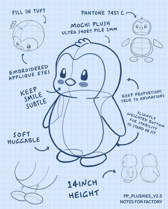 A blue-line blueprint sketch on grid paper for a 'MOCHI PLUSH' penguin toy, featuring design notes like '14INCH HEIGHT', 'PANTONE 7451 C', 'EMBROIDERED APPLIQUE EYES', and 'PP_PLUSHIES_V2.5 NOTES FOR FACTORY'.