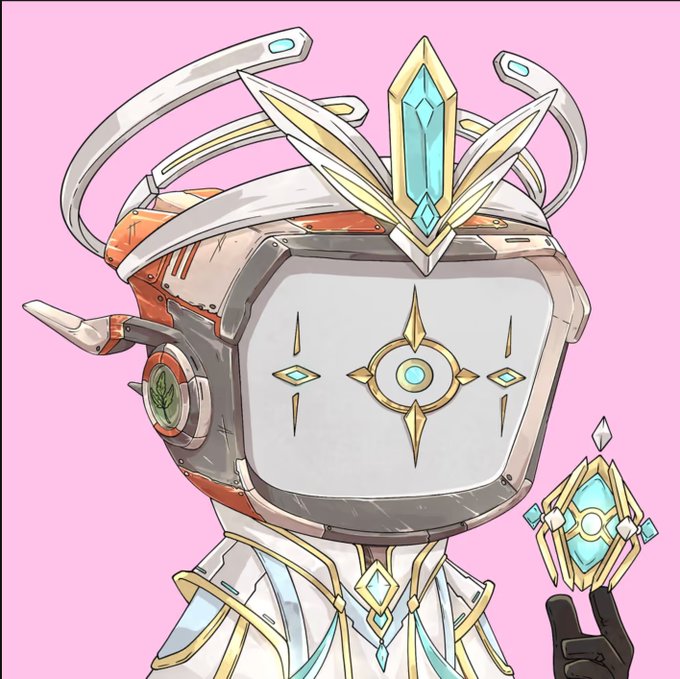 An anime-style illustration of a character with a CRT monitor for a head, decorated with crystals and gold accents against a pink background.