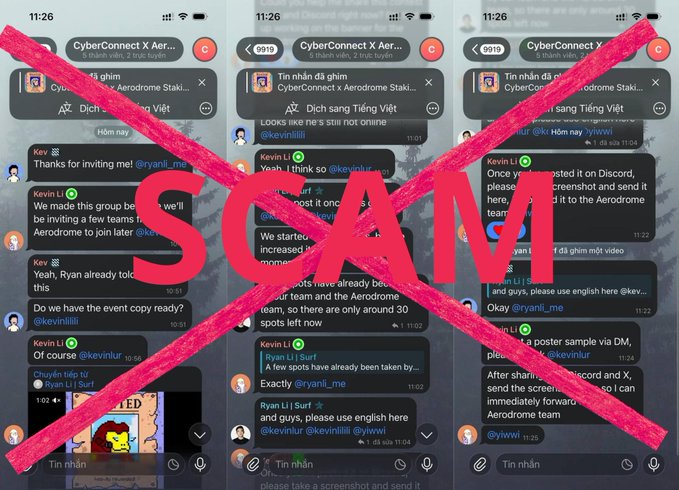 Three side-by-side screenshots of Discord messages from Kevin Li and Ryan Li discussing a CyberConnect x Aerodrome event, overlaid with a large red 'X' and the word 'SCAM'.