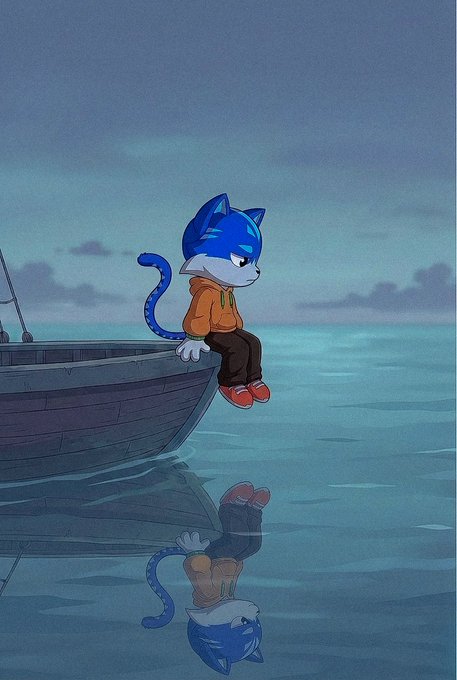 The image features a blue cat sitting on top of a boat, looking sad or lonely as if it has fallen off. The scene takes place over water, with the cat's reflection visible in the water below. The caption reads "It can be a long journey but we will never stop $TOSHI". This phrase is likely an inside joke or reference to the character Sonic from the animated movie "The Lion King", who is known for his love of music and his never-ending journey through Africa.

The image has been edited with a watermark that reads "©2021 - The Artistic Team".