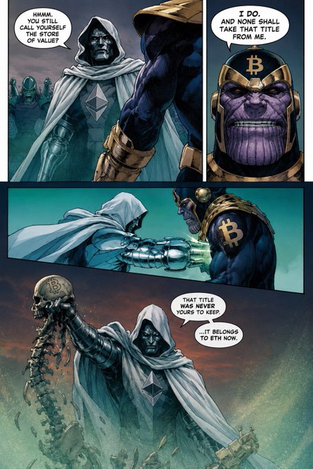 A comic featuring Thanos as Ethereum and a hooded figure as Bitcoin, with dialogue about taking the title 'Store of Value.'