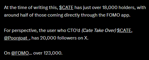 The image displays text stating that $CATE has just over 18,000 holders, with around half coming through the FOMO app, and compares the following of @Poorgaot_ (who CTO'd Cate Take Over) on X (20,000) versus on @FOMO (over 123,000). The image reflects the "before" metrics referenced in the post, which highlights the dramatic growth of $CATE's market cap, holder count, and social following over the past week.