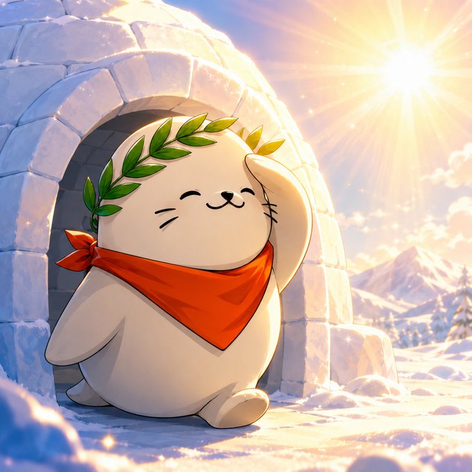 A digital illustration of a cute seal character wearing a laurel wreath and an orange bandana, waving while sitting at the entrance of an ice igloo.
