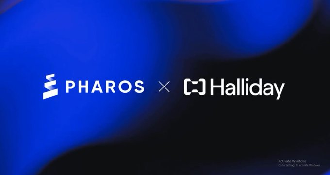 A blue and black background displays the text 'PHAROS x Halliday', with a small 'Activate Windows' watermark in the bottom right corner.
