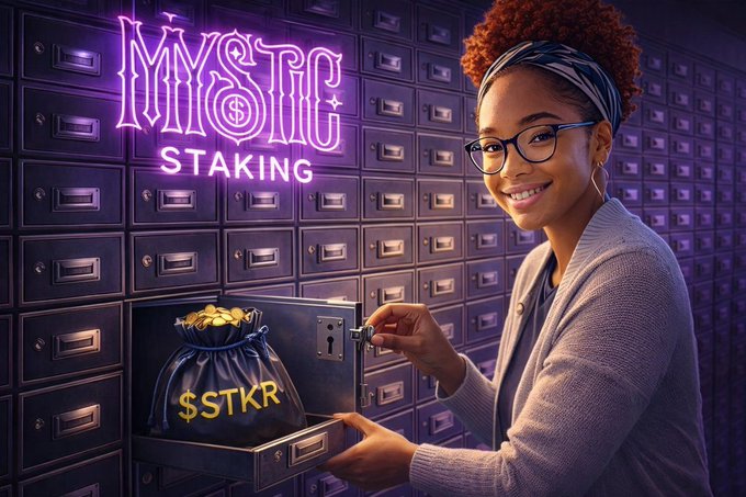The image features a woman standing next to a black filing cabinet, with her hand holding a bag of money inside. The woman has red hair and is wearing glasses. She appears to be smiling as she looks at the camera. In front of her on the ground are several gold coins, which seem to be part of an investment strategy or a game related to the Mystic staking platform.