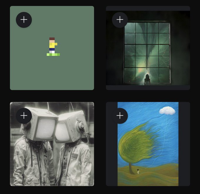 A grid of four square images, each with a '+' icon: a pixel art figure, a silhouette in a window, two astronauts with TV heads, and a small figure beneath a large green tree.