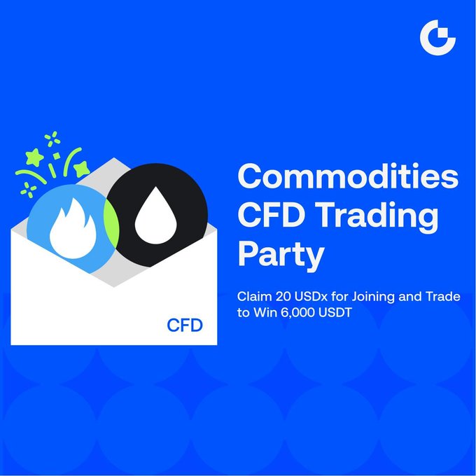 A promotional graphic on a blue background advertises a "Commodities CFD Trading Party," featuring an envelope illustration with fire and oil drop icons, promoting a 20 USDx entry reward and a 6,000 USDT prize for trading commodities like crude oil, natural gas, and coffee.