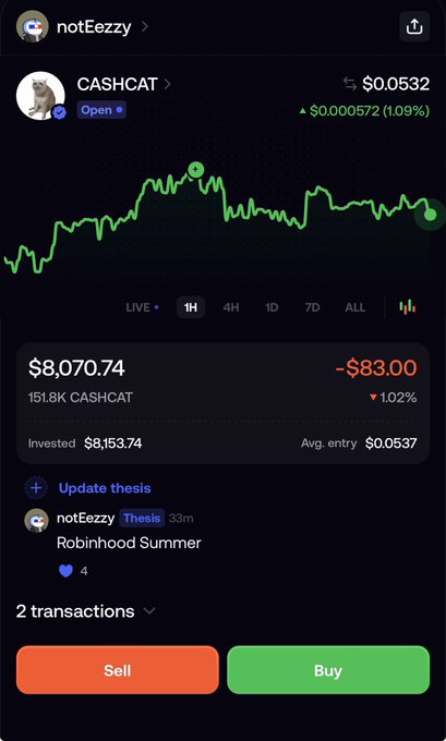 A Robinhood portfolio screenshot shows a $8,070.74 position in CASHCAT (151.8K shares) currently down $83.00 (-1.02%), with the post noting the purchase was made on FOMO that morning based on a "Robinhood Summer" thesis.