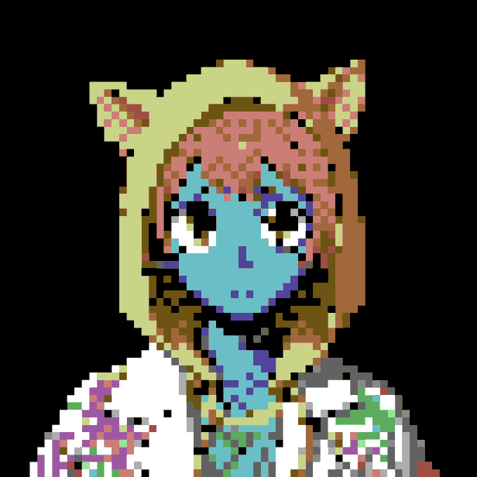 A pixelated portrait of a character with cat ears, pink and brown hair, blue skin, and a white jacket against a black background.