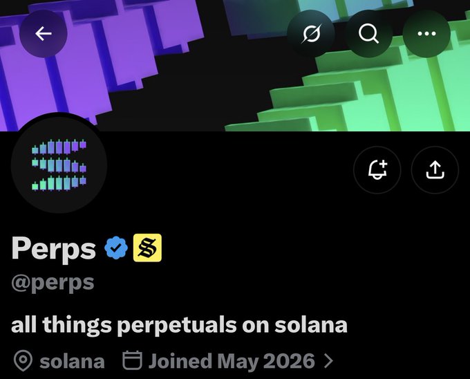 Screenshot of a Twitter/X profile for 'Perps' (@perps) with the bio 'all things perpetuals on solana', located in solana, joined May 2026, featuring a verified checkmark and a yellow tag icon.