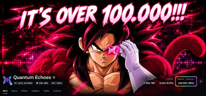 An anime-style promotional image shows a character with the text 'IT'S OVER 100,000!!!' and 'Quantum Echoes' displayed with a count of 100,000.