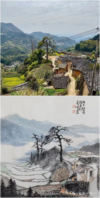The image shows two different views of a mountainous area, one with traditional architecture near a mountain and another with modern architectural design along a road through the mountains. The top left photo highlights an old farm village nestled among mountains with houses built into the hillside landscape. The bottom right picture has more modern buildings surrounding the same mountainous terrain. Both images provide interesting glimpses of life in this unique environment, showcasing how architecture adapts to natural surroundings and influences the lives of those living there.
