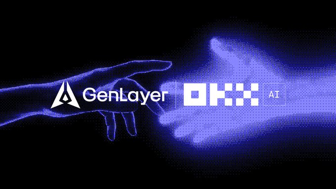 A dark blue digital graphic showing two hands reaching toward each other with the logos 'GenLayer' and 'OKX AI'.