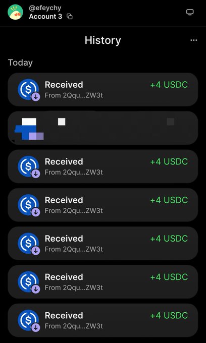A mobile app history screen for account @efeychy displays six identical "Received +4 USDC" transactions from the same sender (2Qqu...ZW3t), with one entry partially blurred out, totaling $24 in USDC — directly illustrating the post's claim of stacking $4 increments consistently in a web3 community.