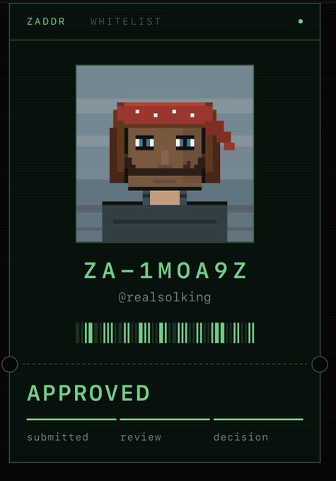 A pixel art whitelist approval card displays a character with a red bandana, the ID 'ZA-1M0A9Z', username '@realsolking', a barcode, and an 'APPROVED' status under 'ZADDR WHITELIST'.