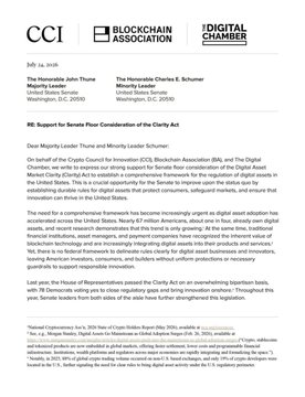 A joint letter from the Crypto Council for Innovation (CCI), Blockchain Association, and Digital Chamber, dated July 14, 2020, urges Senate Majority Leader Mitch McConnell and Minority Leader Chuck Schumer to prioritize advancing the Clarity Act, which would exempt digital assets from securities laws if they meet certain conditions.
