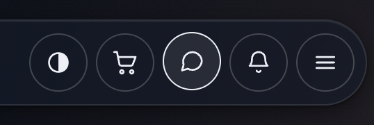 A dark-themed user interface navigation bar featuring five circular icons: contrast, shopping cart, a highlighted chat bubble, notification bell, and a menu.