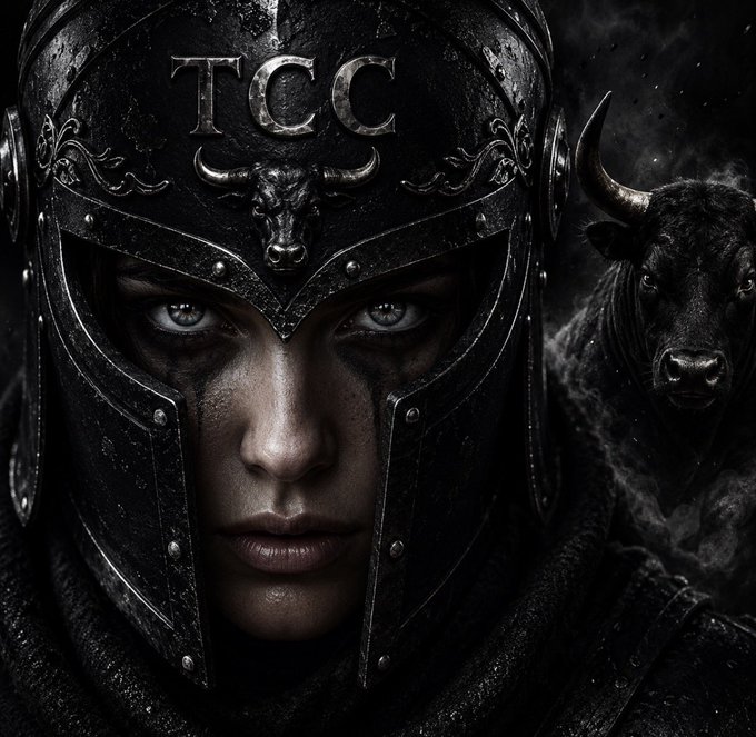A woman in a dark battle helmet bearing the letters "TCC" alongside a bull emblem gazes forward, with a smoky black bull looming behind her—symbolizing strength and bullish conviction. The imagery ties directly to the post's bullish endorsement of $TCC, portraying the project as a powerful, bull-driven force in the crypto space.
