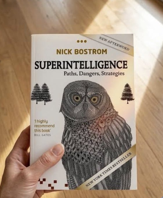 A hand holds the paperback book 'Superintelligence: Paths, Dangers, Strategies' by Nick Bostrom, featuring an owl illustration on the cover with endorsements from Bill Gates and 'New York Times Bestseller'.