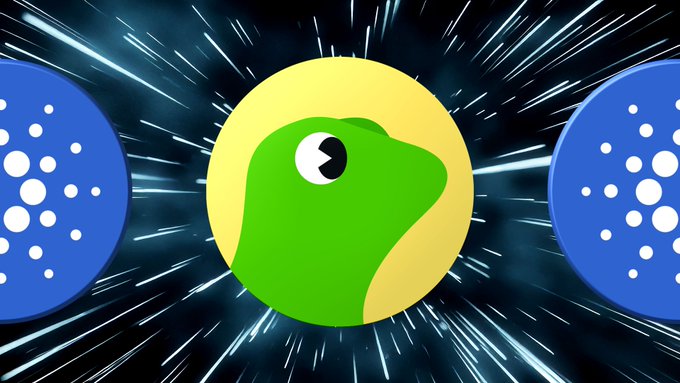 The same green frog character with pixel sunglasses between two blue Cardano coins, now set against a dark hyperspace/warp-speed background with streaking light lines.