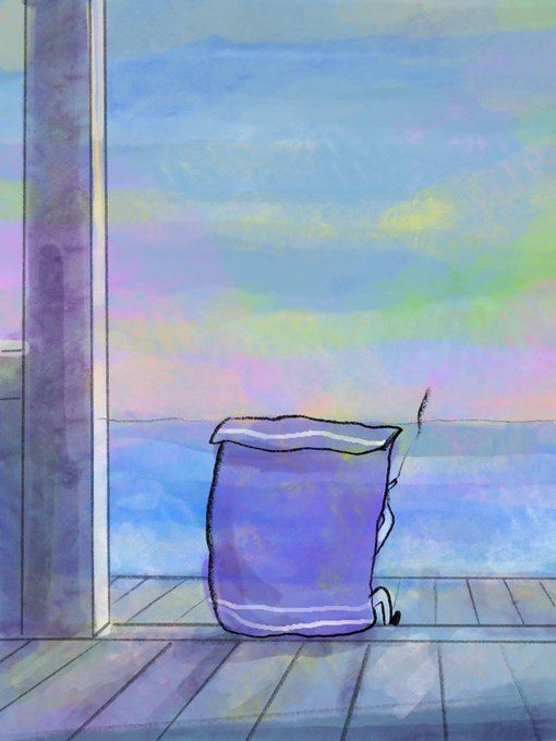 A watercolor and ink illustration shows a purple trash bag on a wooden deck under a pastel pink and blue sky.