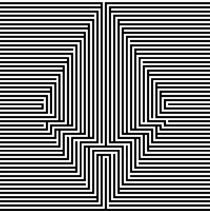 A black and white optical illusion image featuring a pattern of horizontal and vertical lines creating a symmetrical maze-like design that appears to form letters or a 3D effect.