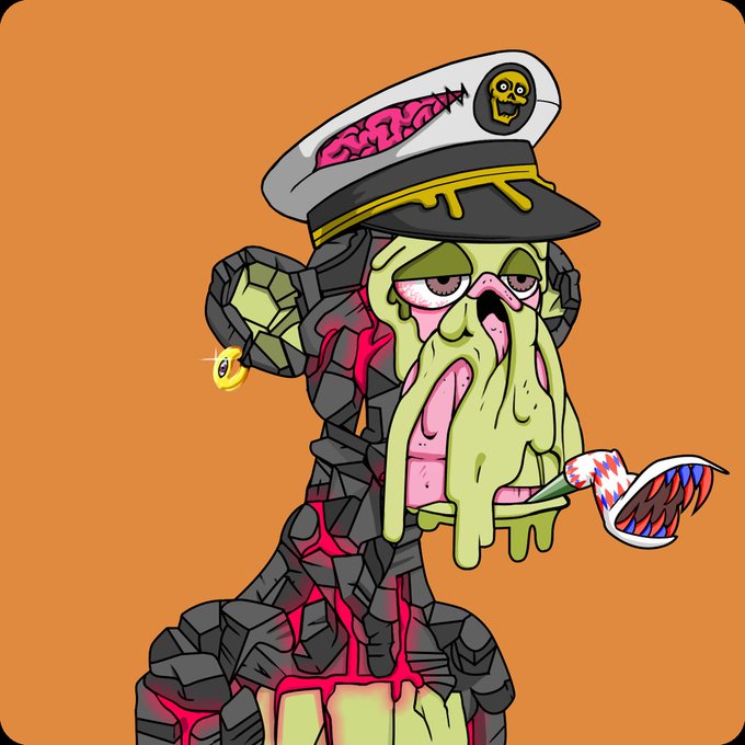 A cartoonish illustration of a zombie-like naval officer with melting green skin and a captain's hat that has an exposed brain, smoking a patterned pipe against an orange background.