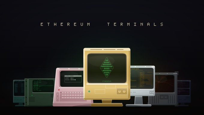 A promotional graphic titled 'ETHEREUM TERMINALS' shows a collection of vintage-style computer monitors, with the central yellow monitor displaying a green Ethereum logo.