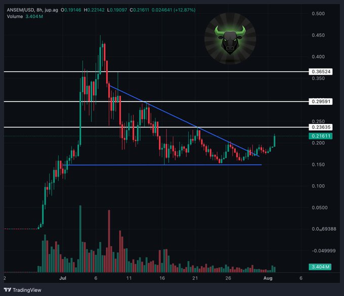 The image shows an 8-hour candlestick chart of $ANSEM/USD on TradingView, currently trading at $0.21611 (+12.87%), with technical analysis highlighting a descending trendline breakout, key resistance at $0.23635, and horizontal support/resistance levels at $0.29591 and $0.36524. The chart visually supports the post's bullish thesis by showing the recent price surge above resistance, consistent with the claim of a 20% daily gain and potential upside toward the $0.30 target.