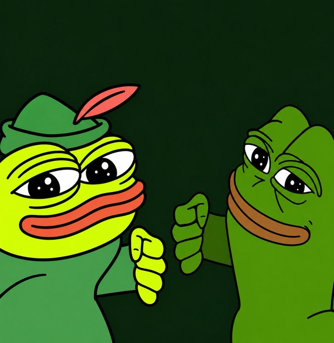 An illustration of two Pepe the Frog characters giving each other a thumbs up against a dark green background.