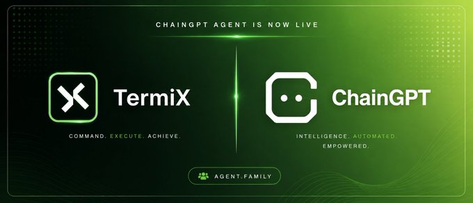 A promotional banner announcing 'CHAINGPT AGENT IS NOW LIVE' featuring the TermiX logo with tagline 'COMMAND. EXECUTE. ACHIEVE.' alongside the ChainGPT logo with tagline 'INTELLIGENCE. AUTOMATED. EMPOWERED.', under 'AGENT.FAMILY'.