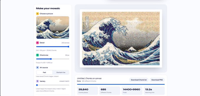 A digital mosaic creation tool displays Hokusai's 'The Great Wave off Kanagawa' composed of thousands of 'Chonks' pixels, showing 39,840 chunks placed.