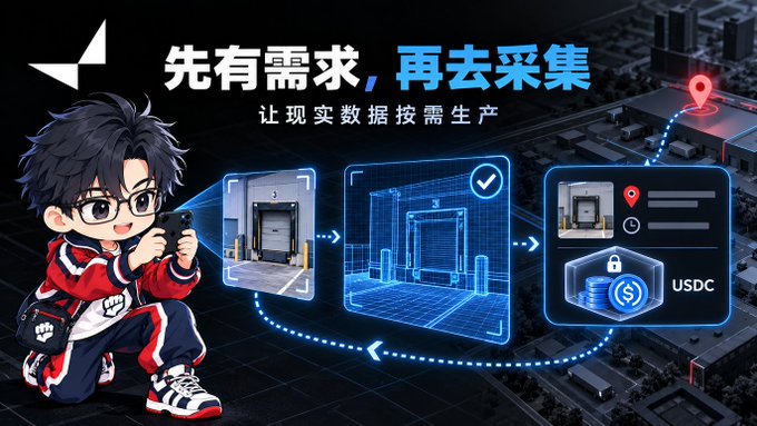 The image is a promotional graphic featuring a chibi-style character with glasses photographing a warehouse, accompanied by the Chinese text "先有需求，再去采集，让现实数据按需生产" (roughly: "First there's demand, then collection—let real-world data be produced on demand"), with a flowchart showing the process ending in a "USDC" reward. It illustrates the caption's point about Vangrid's model, where a demand-setter specifies location and requirements, escrows USDC on Base, and nearby contributors complete the photo task rather than collecting data aimlessly.