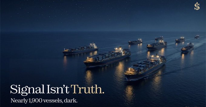 A dark, cinematic image of a fleet of cargo ships illuminated at night on the ocean, with text reading 'Signal Isn't Truth. Nearly 1,900 vessels, dark.' and an 'S' logo in the corner.