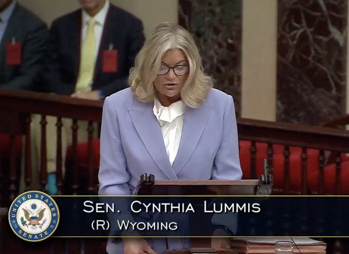 Senator Cynthia Lummis (R-Wyoming), identified by the on-screen graphic, stands at a podium in a light purple blazer addressing the Senate, illustrating the post's expression of respect for her.