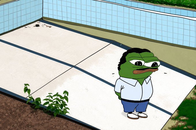 An image of the 'Hopeless' Pepe meme, depicting the green frog character standing with a sad expression next to an empty pool.